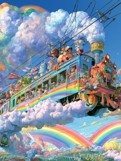 Rainbow Cloud Train Illustration Poster. poster
