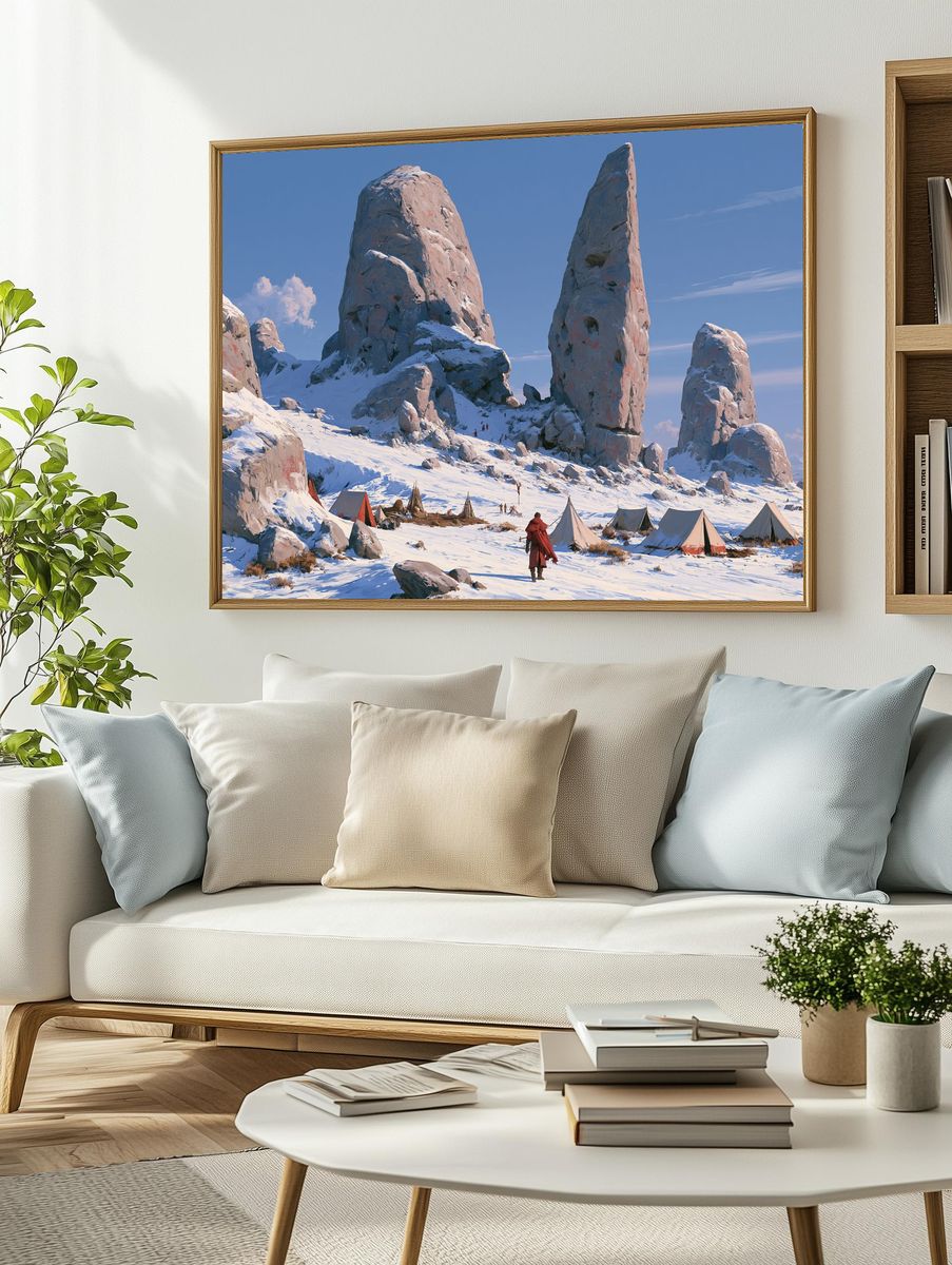 Snowy Monolith Camp Illustration Poster. — room view 2