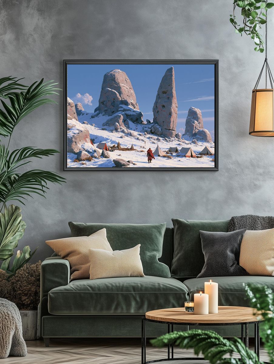 Snowy Monolith Camp Illustration Poster. — room view 4