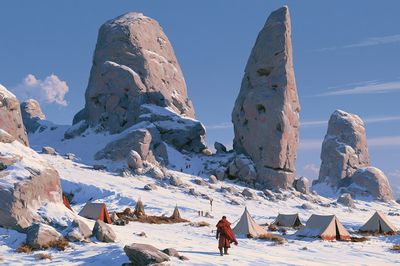 Snowy Monolith Camp Illustration Poster. poster