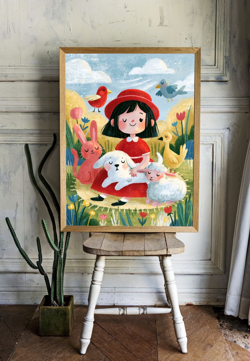 Girl with Animals Illustration Poster. — room view 1