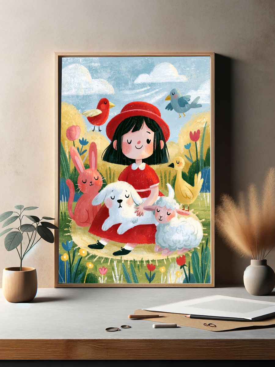 Girl with Animals Illustration Poster. — room view 2