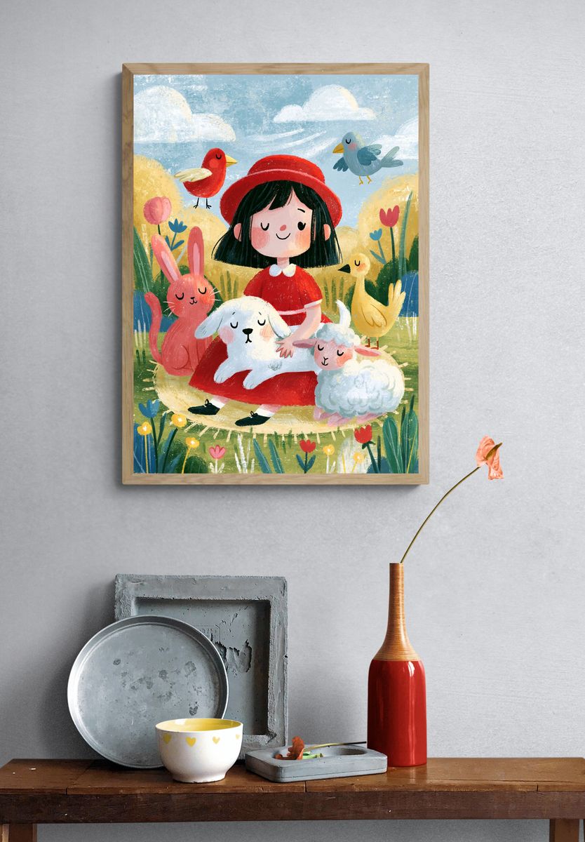 Girl with Animals Illustration Poster. — room view 3