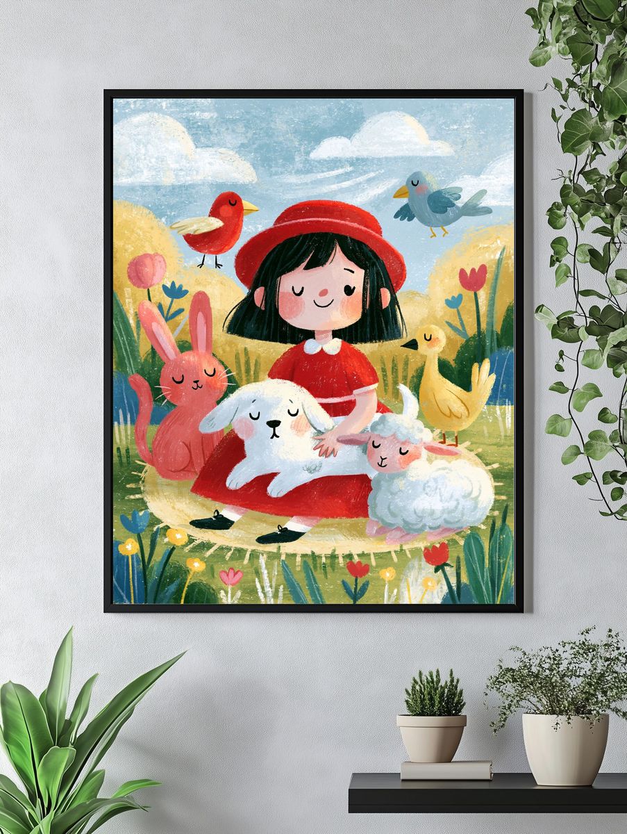 Girl with Animals Illustration Poster. — room view 4