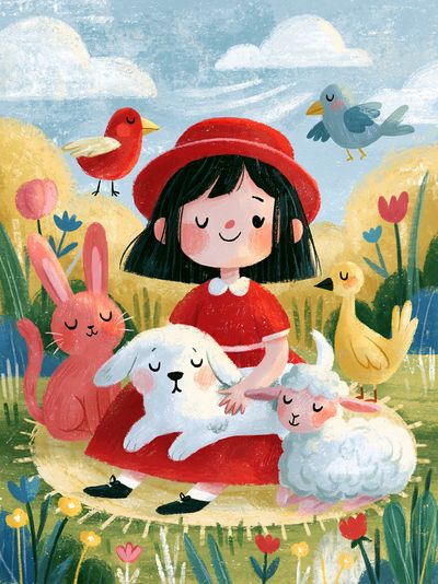Girl with Animals Illustration Poster. poster