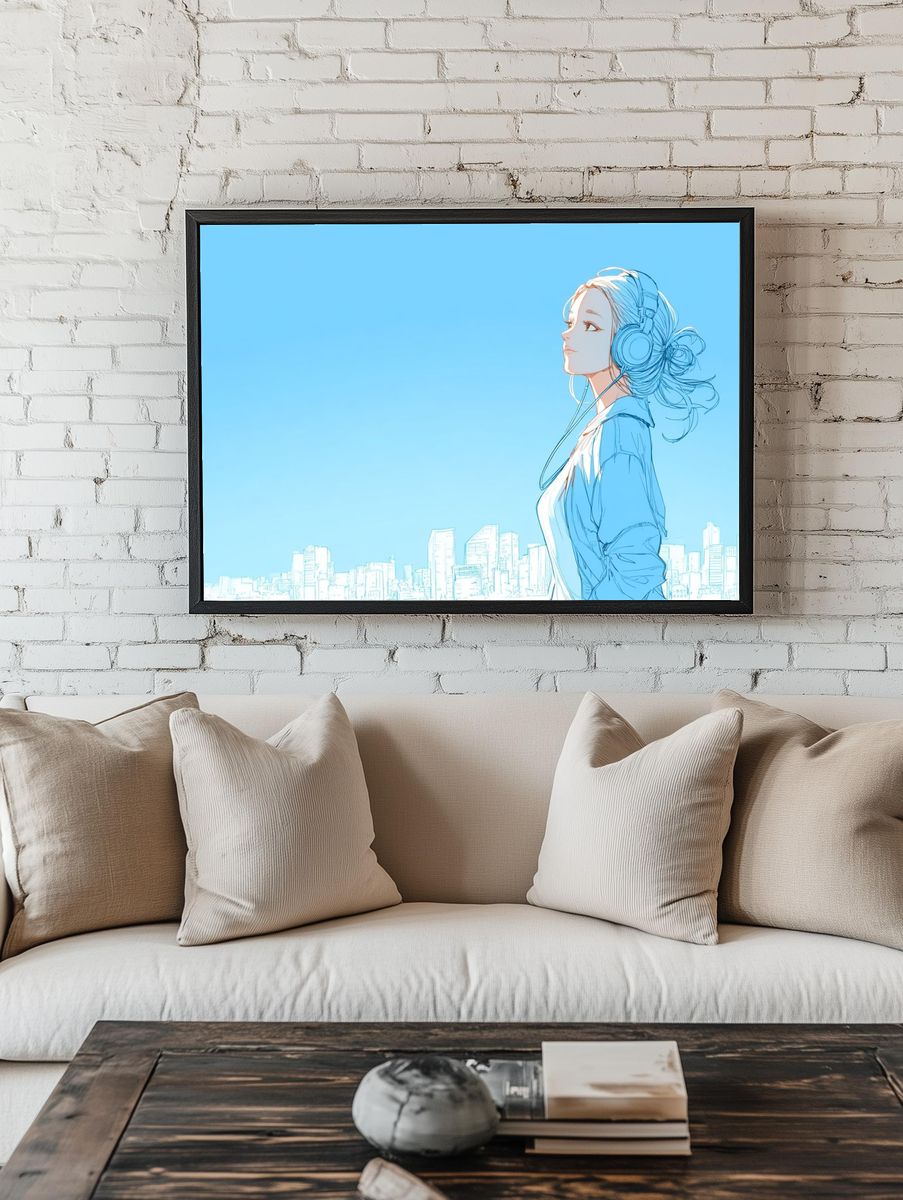 City Girl with Headphones Illustration Poster. — room view 1