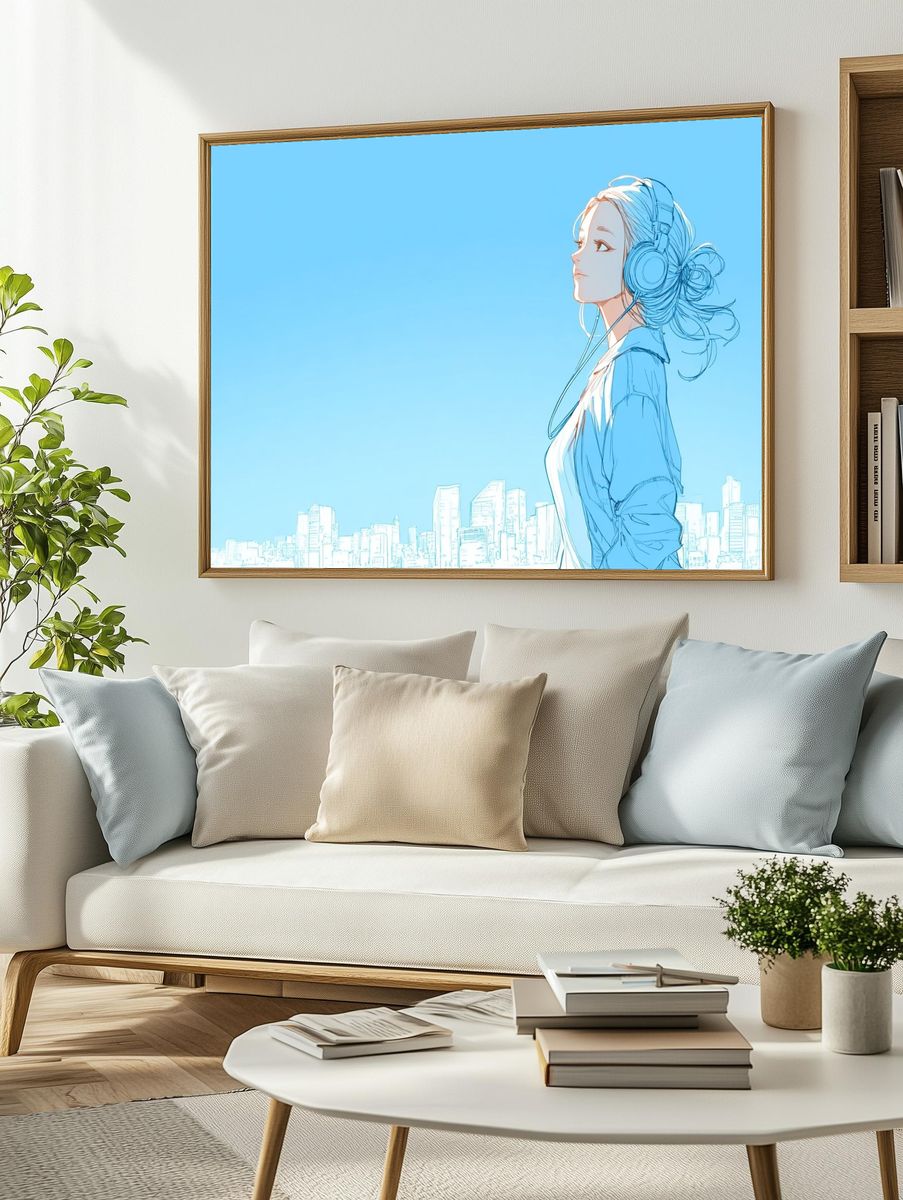 City Girl with Headphones Illustration Poster. — room view 2