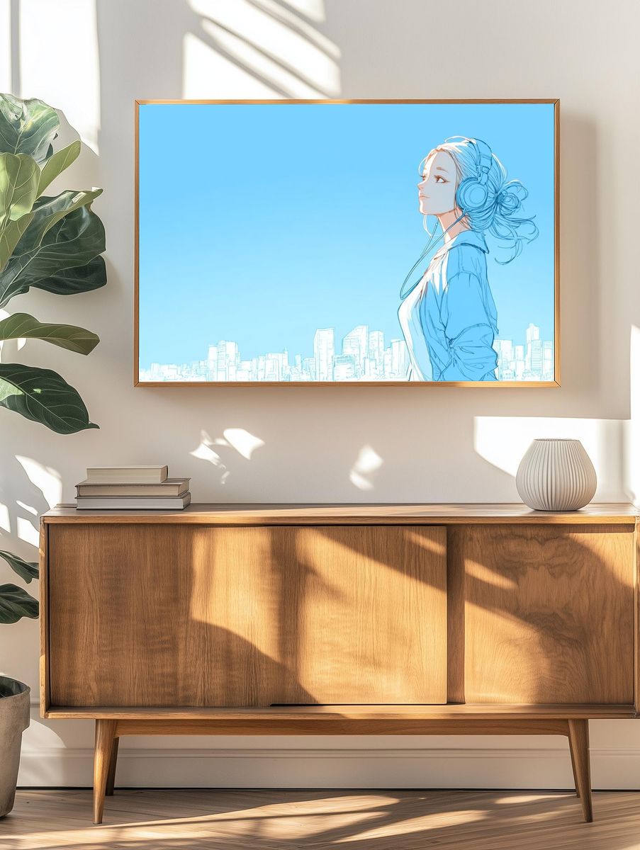 City Girl with Headphones Illustration Poster. — room view 3