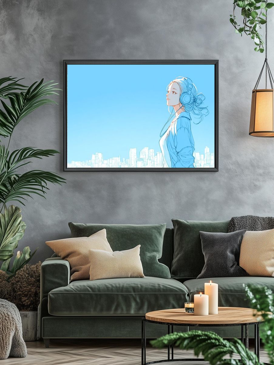 City Girl with Headphones Illustration Poster. — room view 4