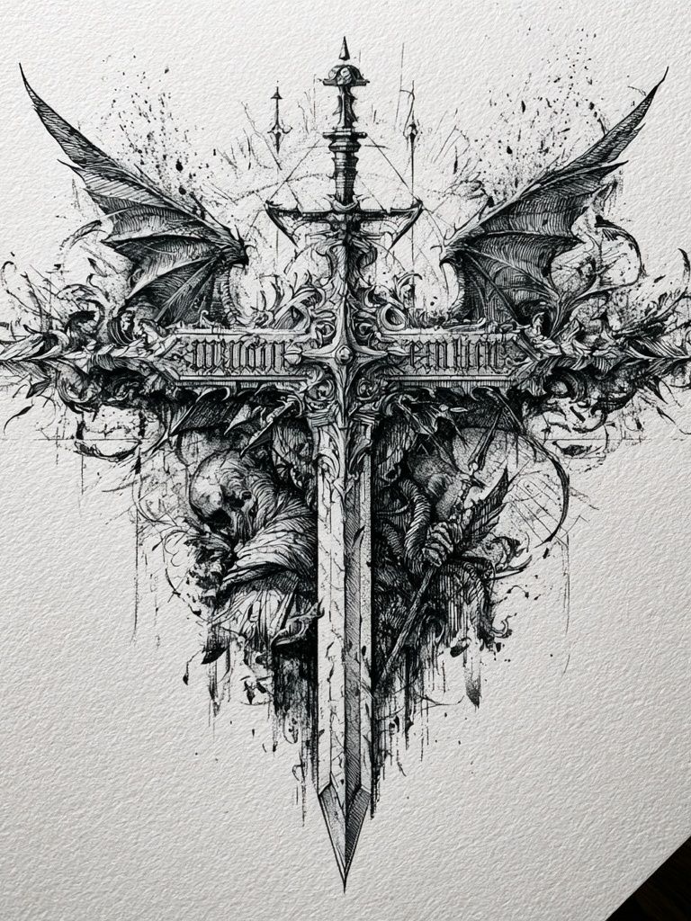 Gothic Winged Sword Illustration Poster. poster detail