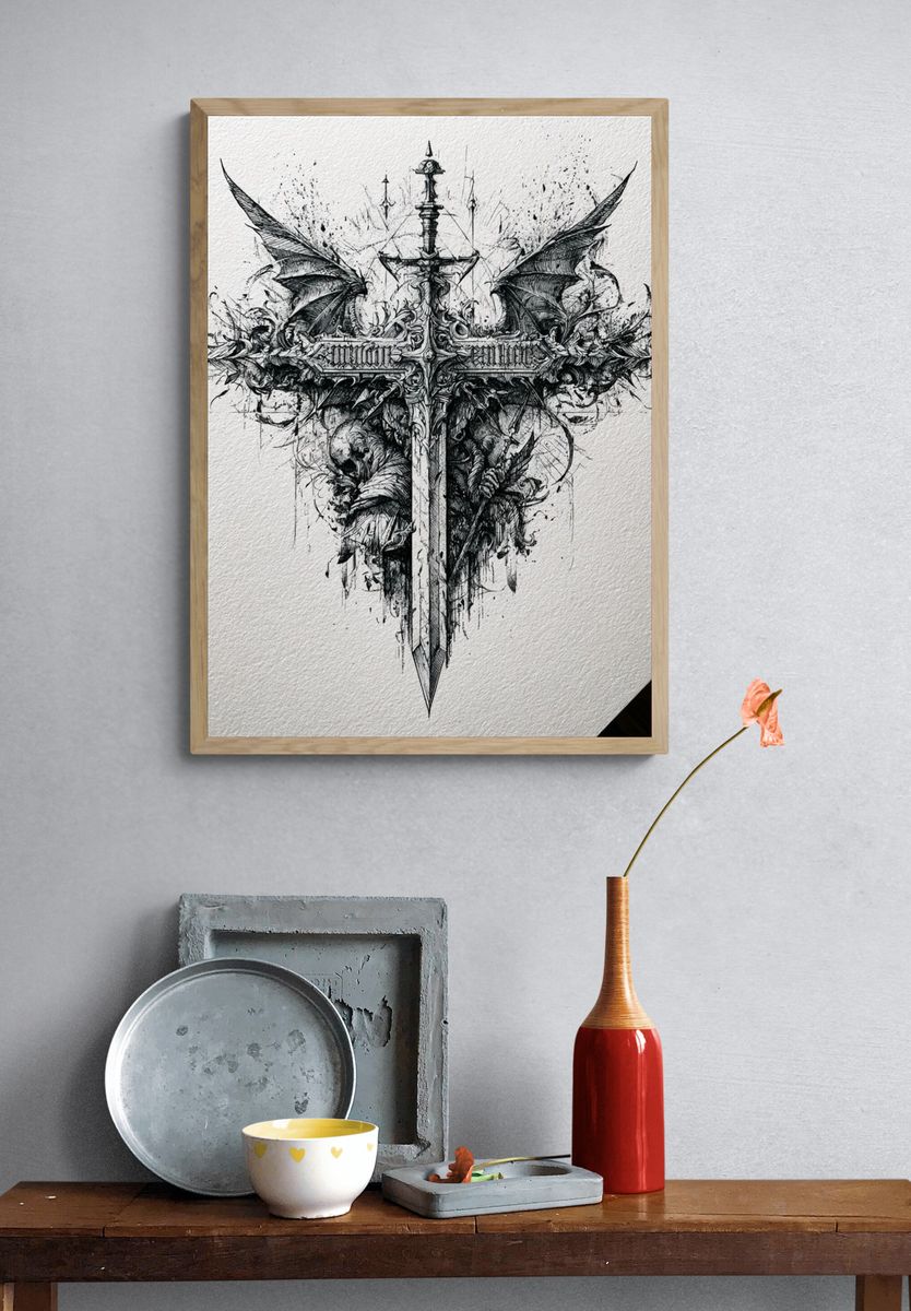 Gothic Winged Sword Illustration Poster. — room view 3