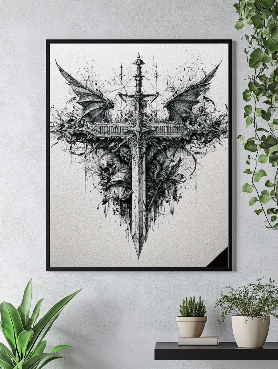 Gothic Winged Sword Illustration Poster. — room view 4