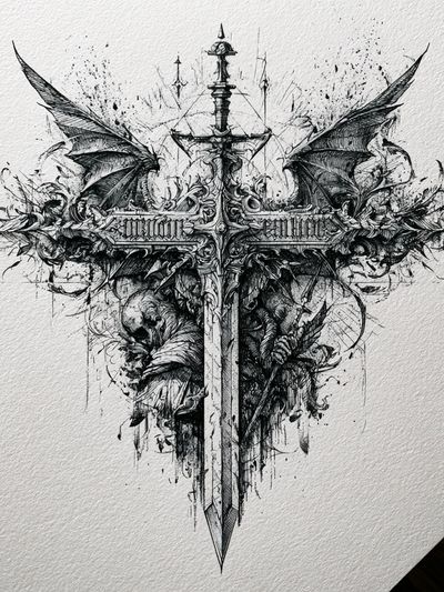 Gothic Winged Sword Illustration Poster.