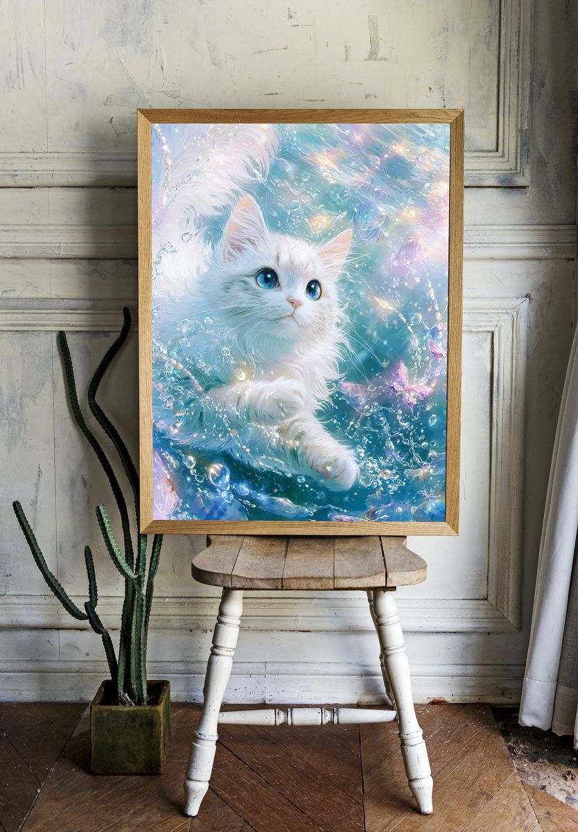 Dreamy White Cat Underwater Poster. — room view 1
