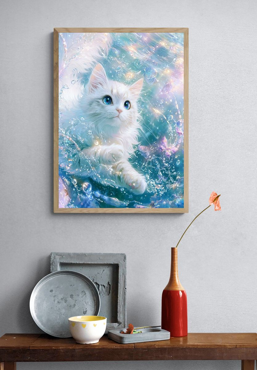 Dreamy White Cat Underwater Poster. — room view 3