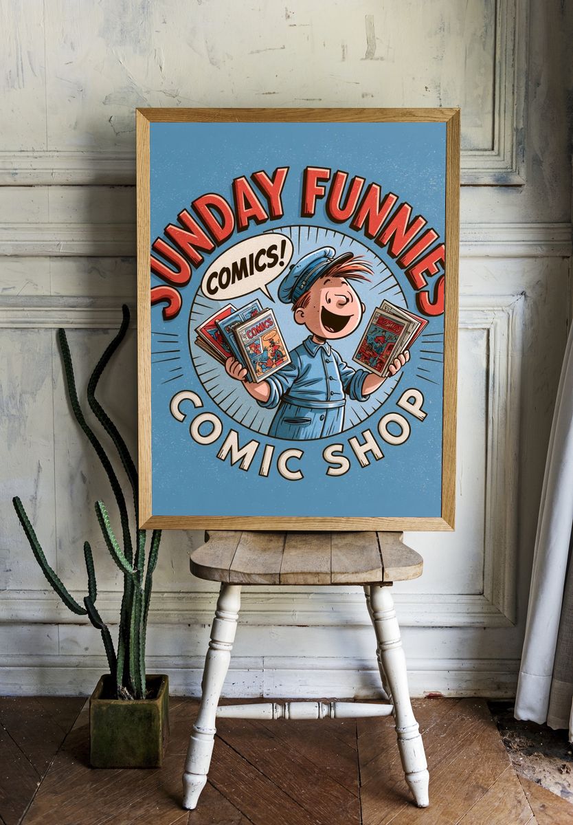 Sunday Funnies Comic Shop Poster. room preview