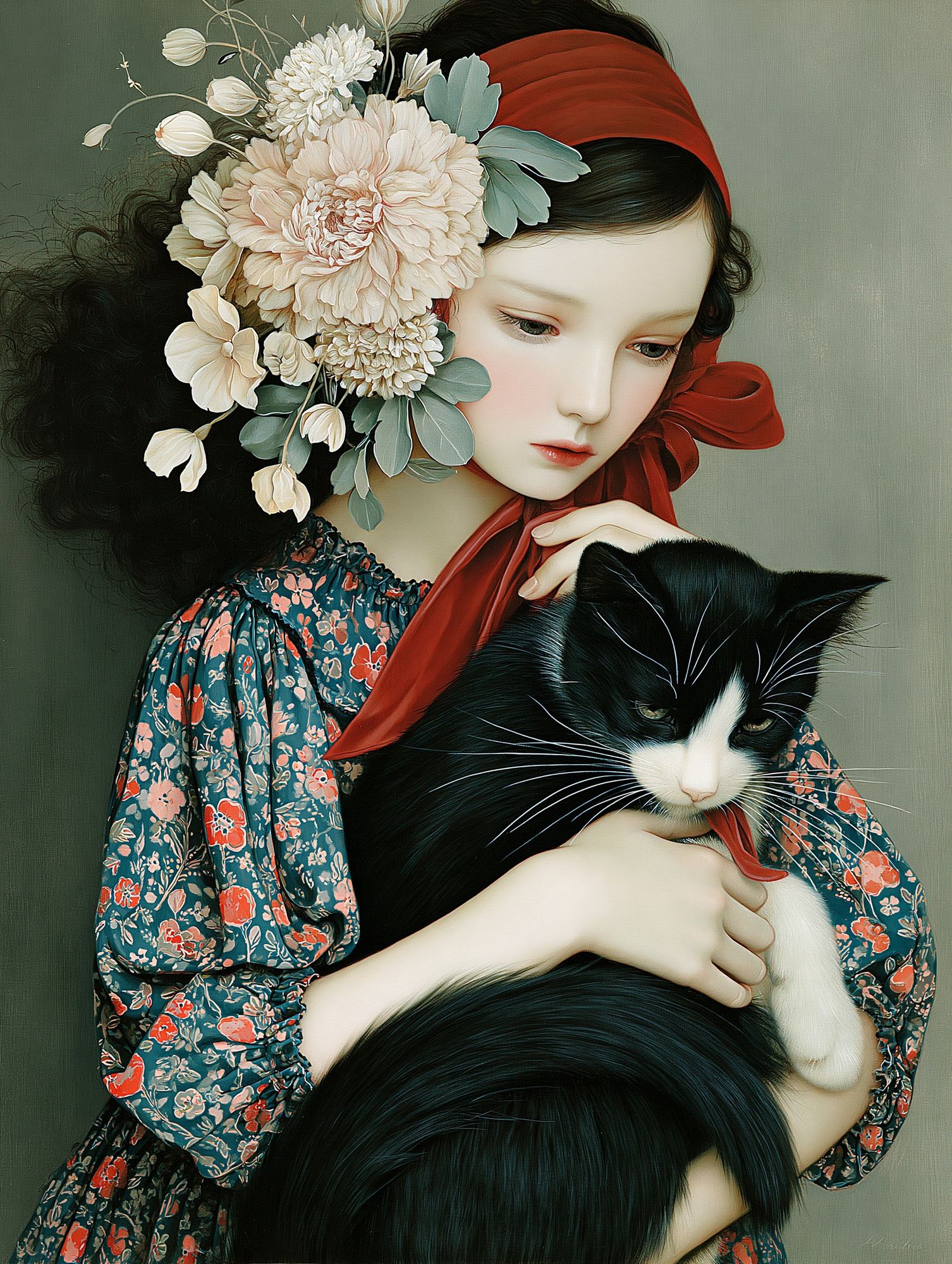 Girl with Cat Floral Illustration Poster. poster — illustration art