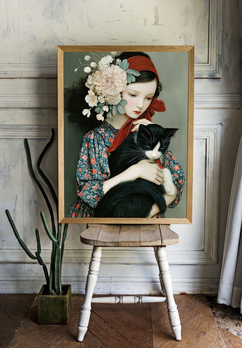 Girl with Cat Floral Illustration Poster. — room view 1