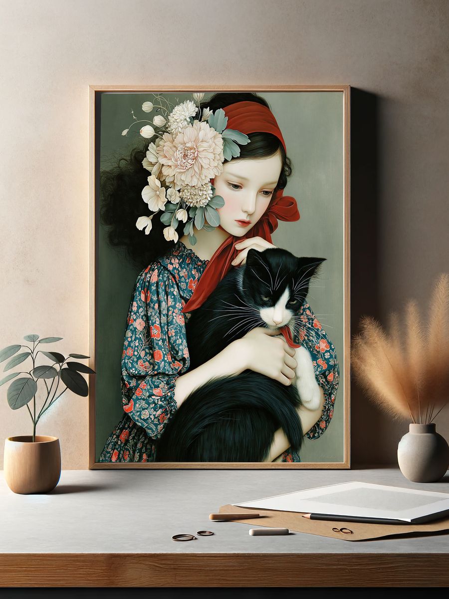 Girl with Cat Floral Illustration Poster. — room view 2