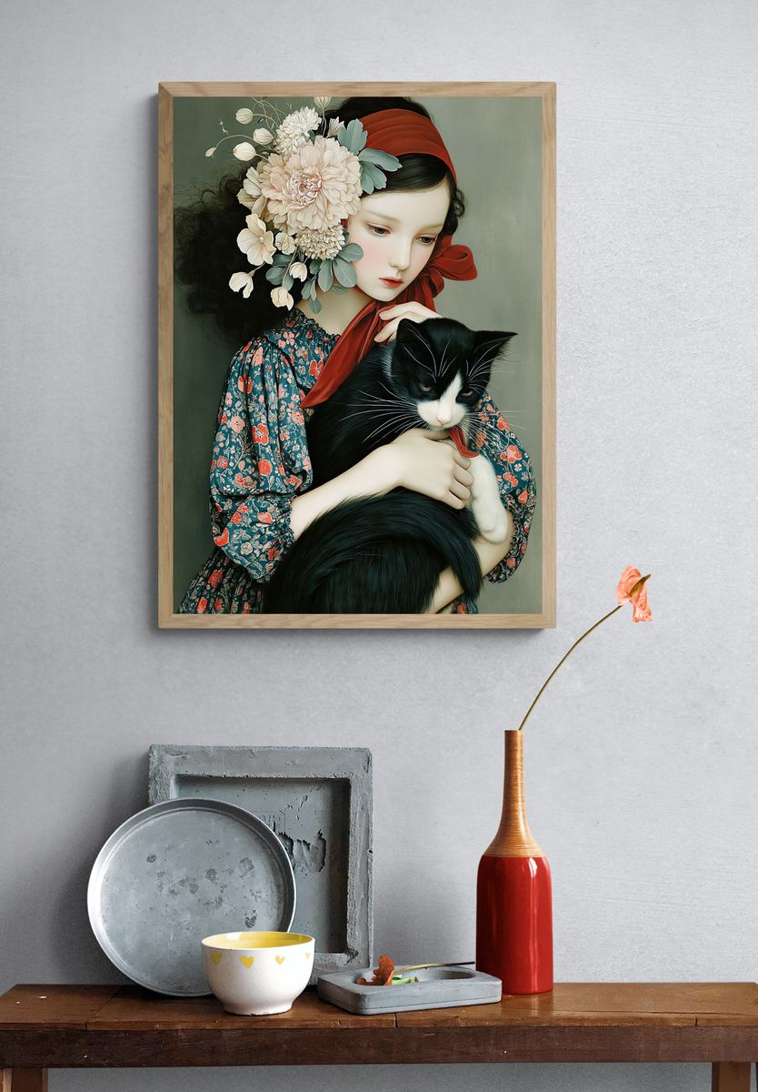 Girl with Cat Floral Illustration Poster. — room view 3