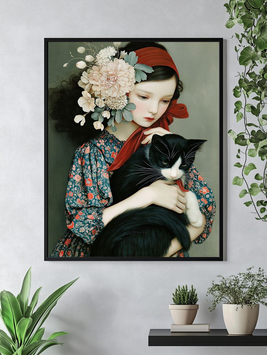 Girl with Cat Floral Illustration Poster. — room view 4
