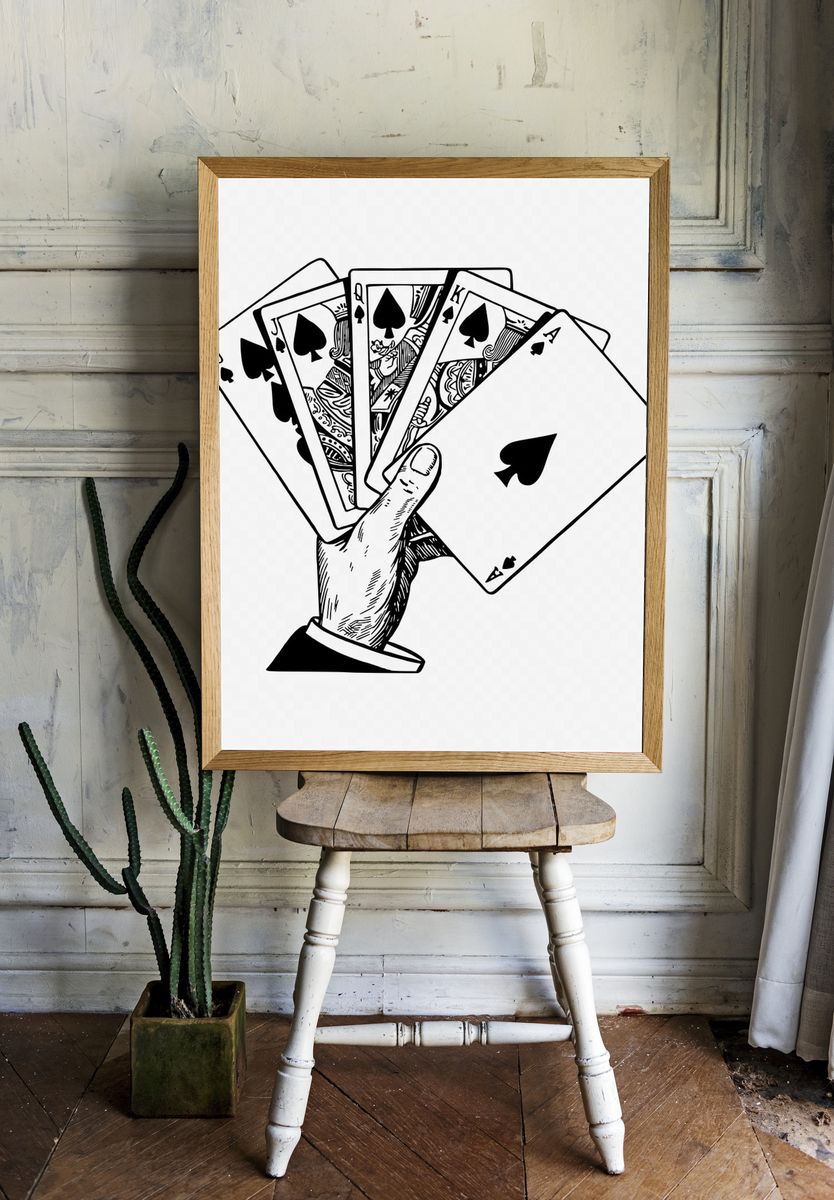 Hand holding play cards drawing. room preview