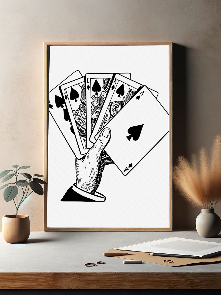 Hand holding play cards drawing. — room view 2