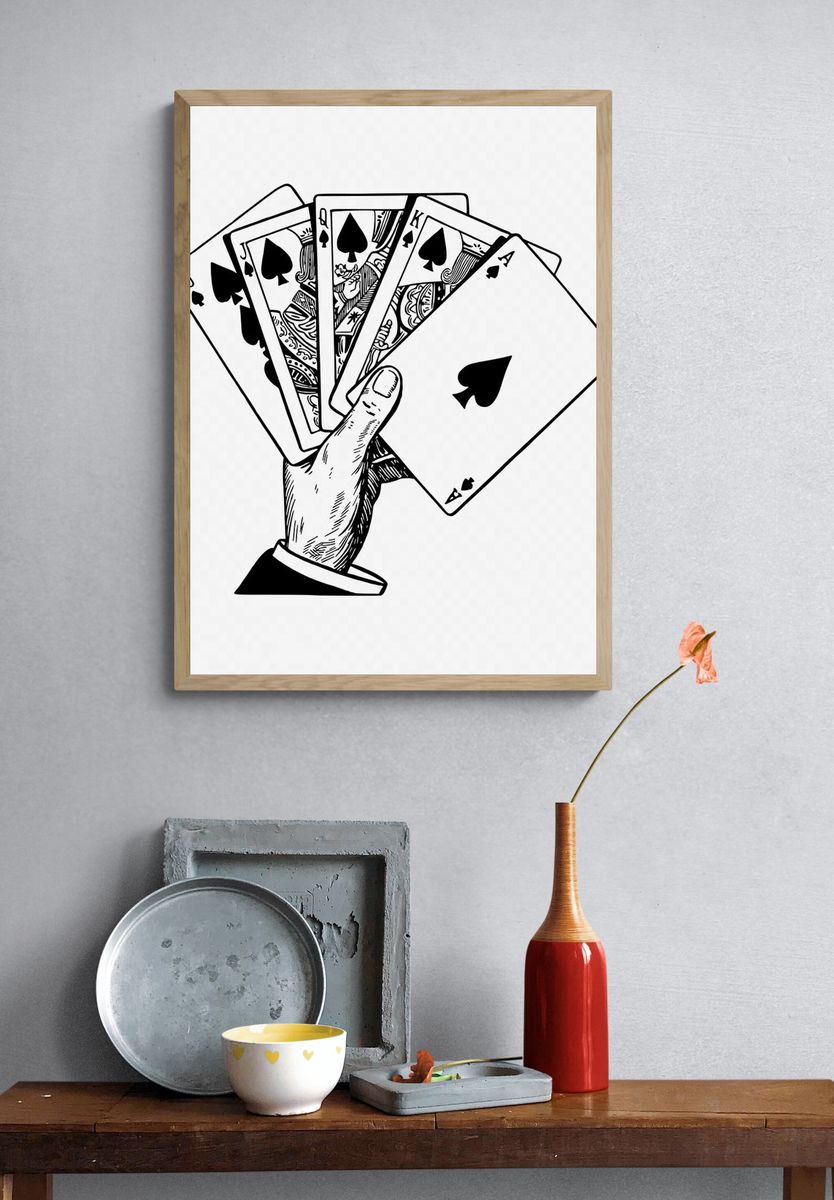 Hand holding play cards drawing. — room view 3