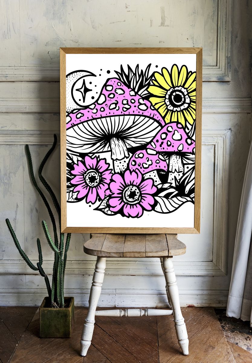 Mushroom Moon Garden Illustration Poster. room preview