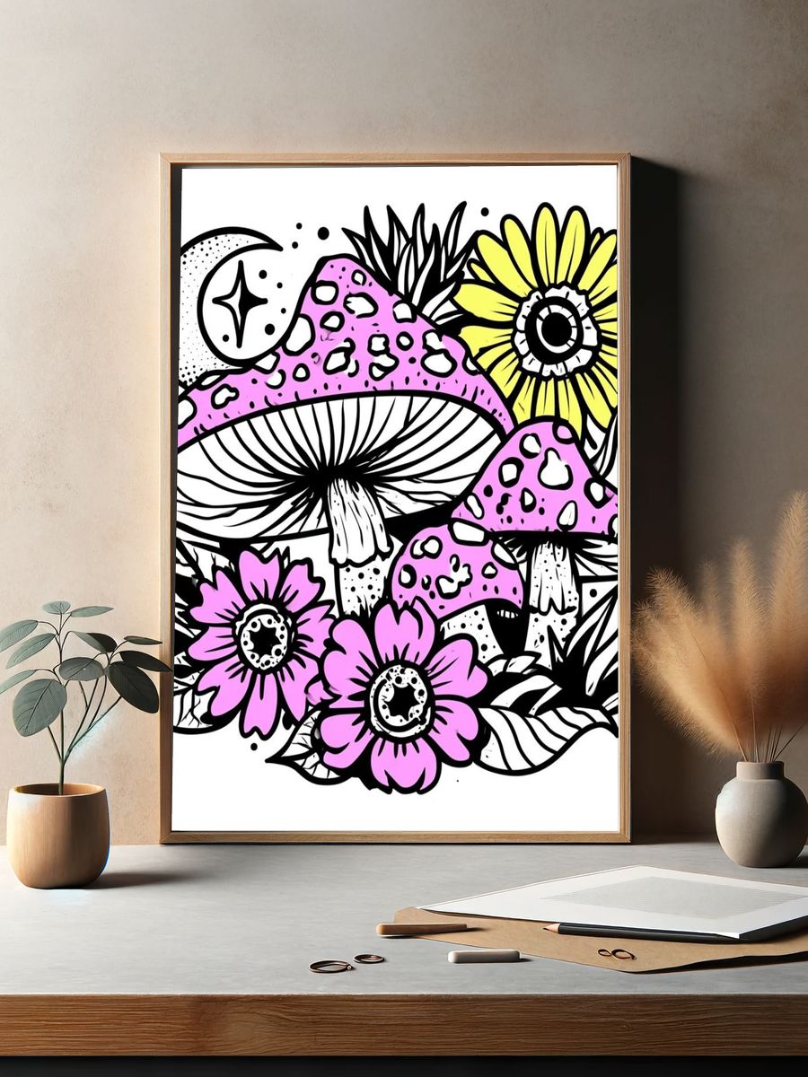 Mushroom Moon Garden Illustration Poster. — room view 2