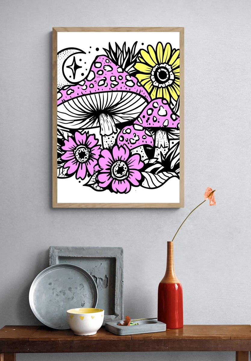 Mushroom Moon Garden Illustration Poster. — room view 3