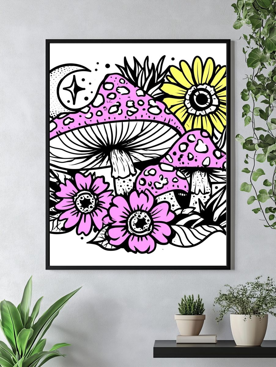 Mushroom Moon Garden Illustration Poster. — room view 4