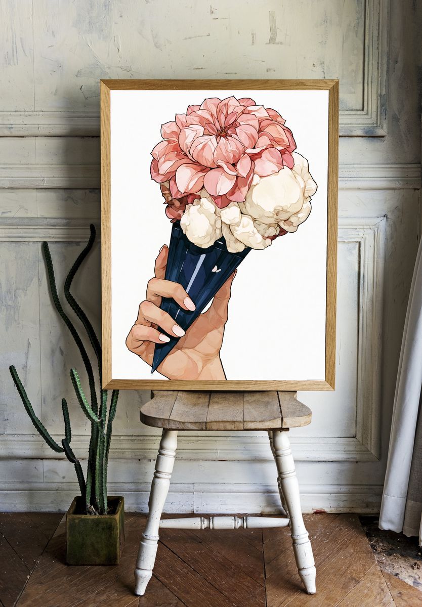 Peony Ice Cream Cone Illustration Poster. room preview