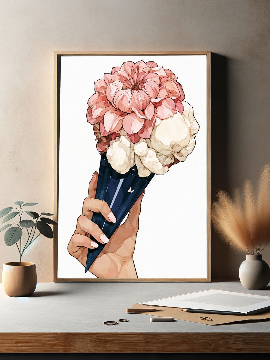 Peony Ice Cream Cone Illustration Poster. — room view 2