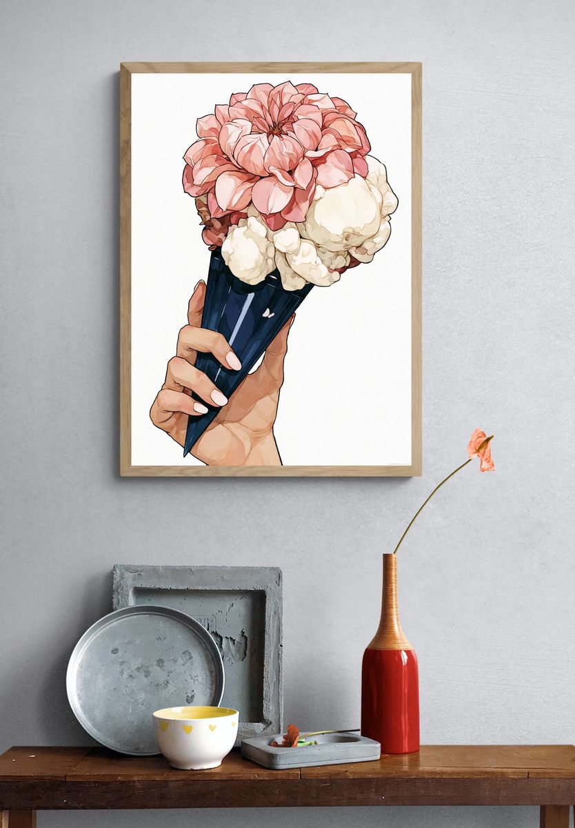 Peony Ice Cream Cone Illustration Poster. — room view 3
