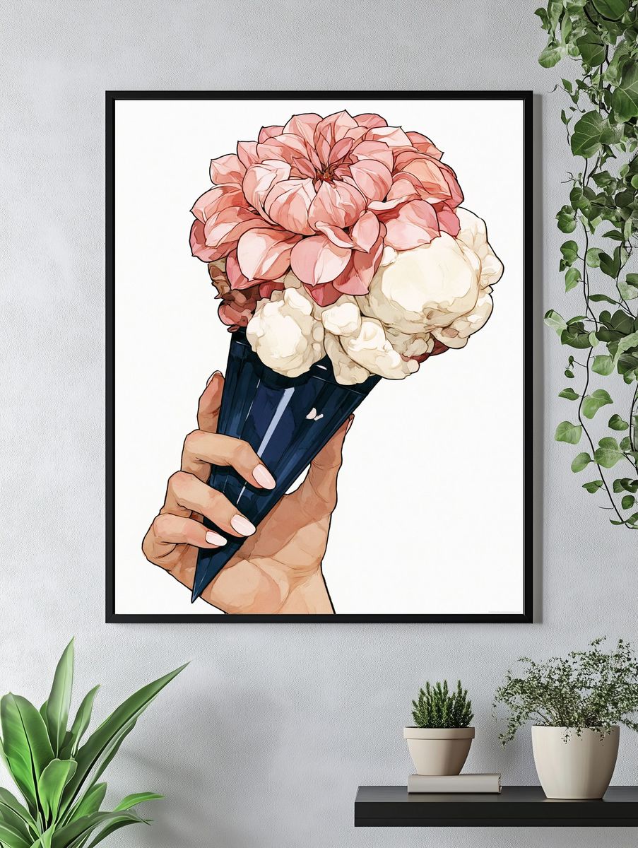 Peony Ice Cream Cone Illustration Poster. — room view 4