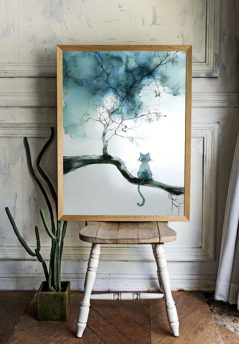 Cat on Branch Watercolor Print. room preview