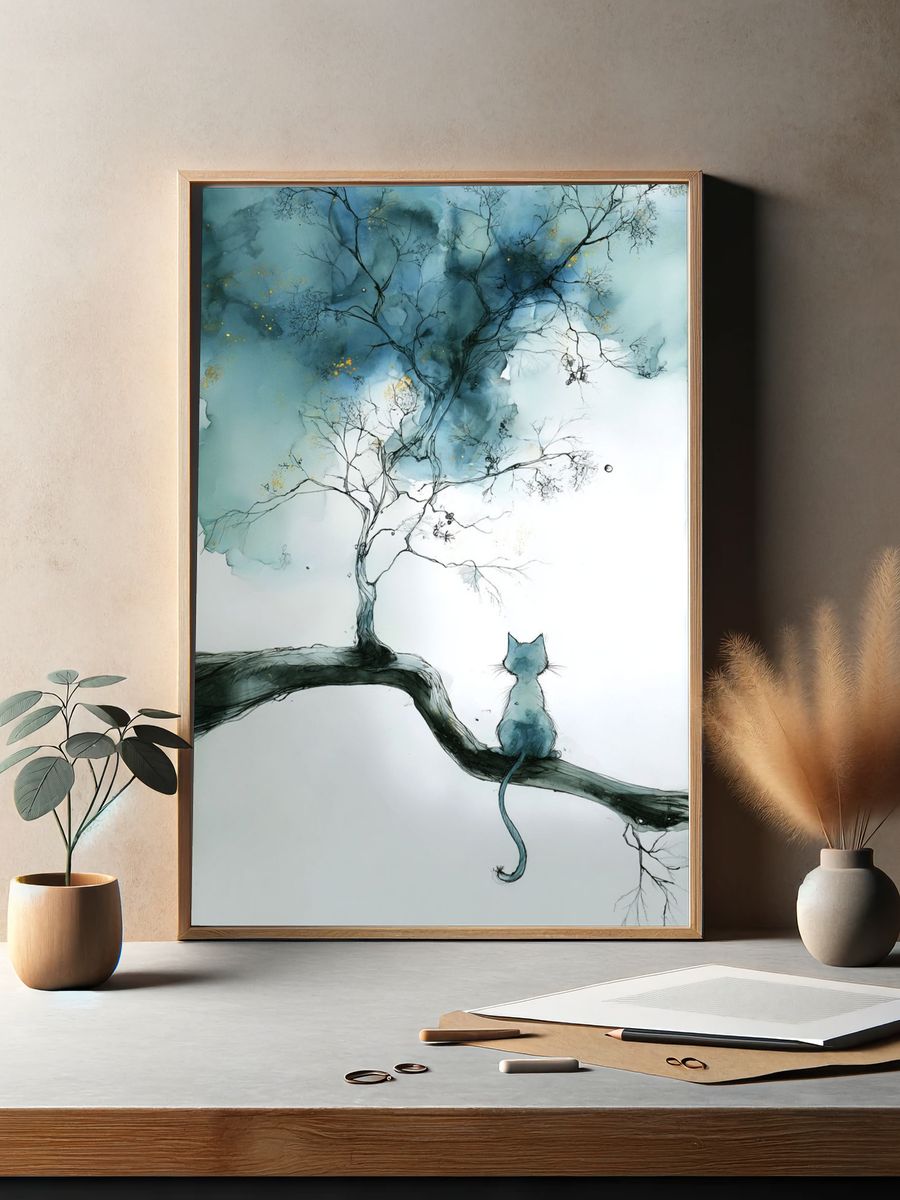 Cat on Branch Watercolor Print. — room view 2