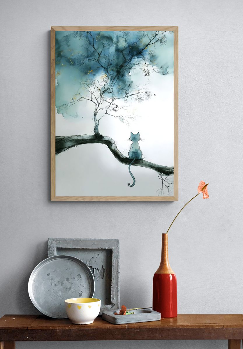 Cat on Branch Watercolor Print. — room view 3