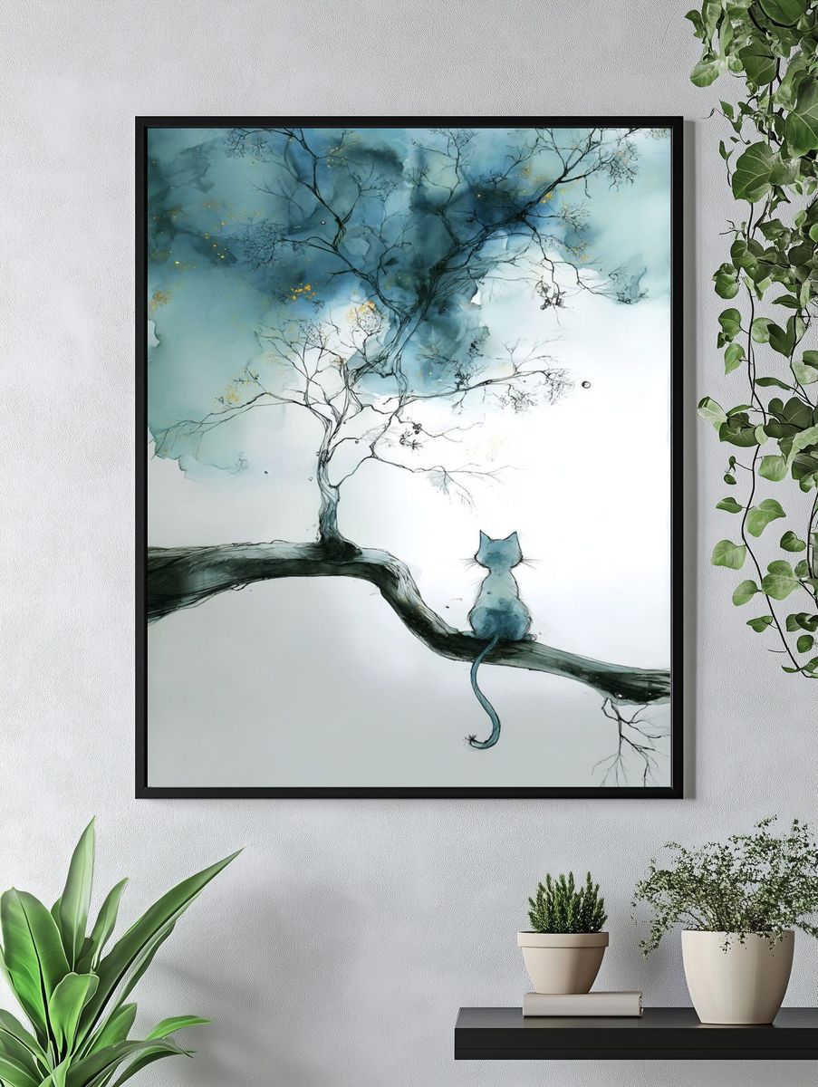 Cat on Branch Watercolor Print. — room view 4