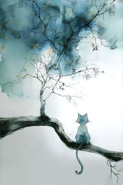 Cat on Branch Watercolor Print.