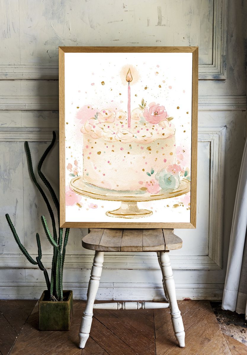 Floral Birthday Cake Illustration Poster. room preview