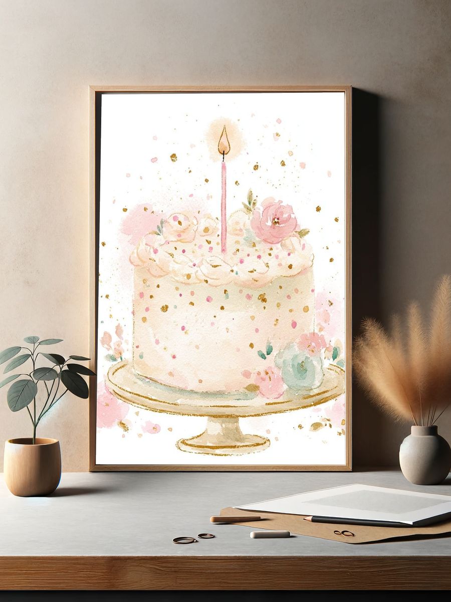 Floral Birthday Cake Illustration Poster. — room view 2