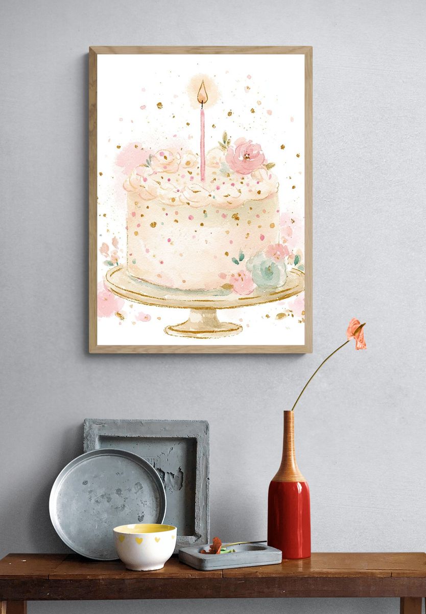 Floral Birthday Cake Illustration Poster. — room view 3