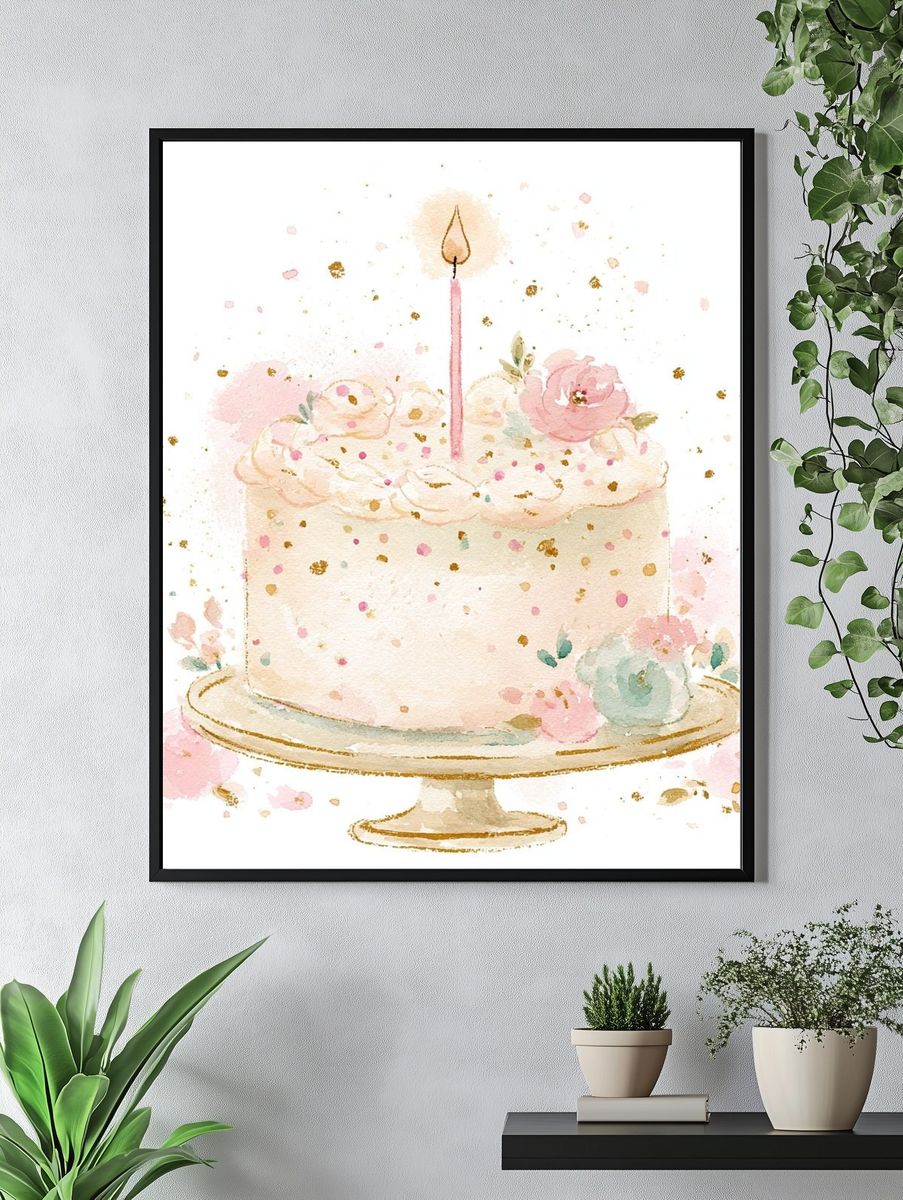 Floral Birthday Cake Illustration Poster. — room view 4