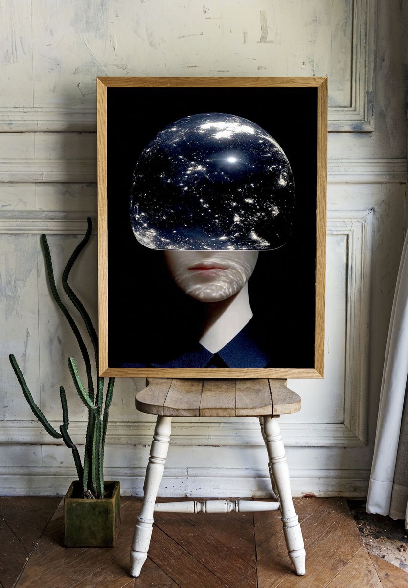 Cosmic Face Surrealism Print. room preview