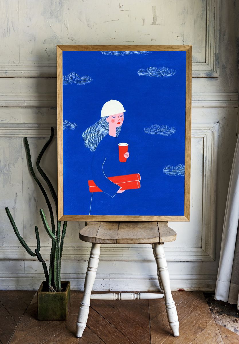 Blue Worker Illustration Poster. — room view 1