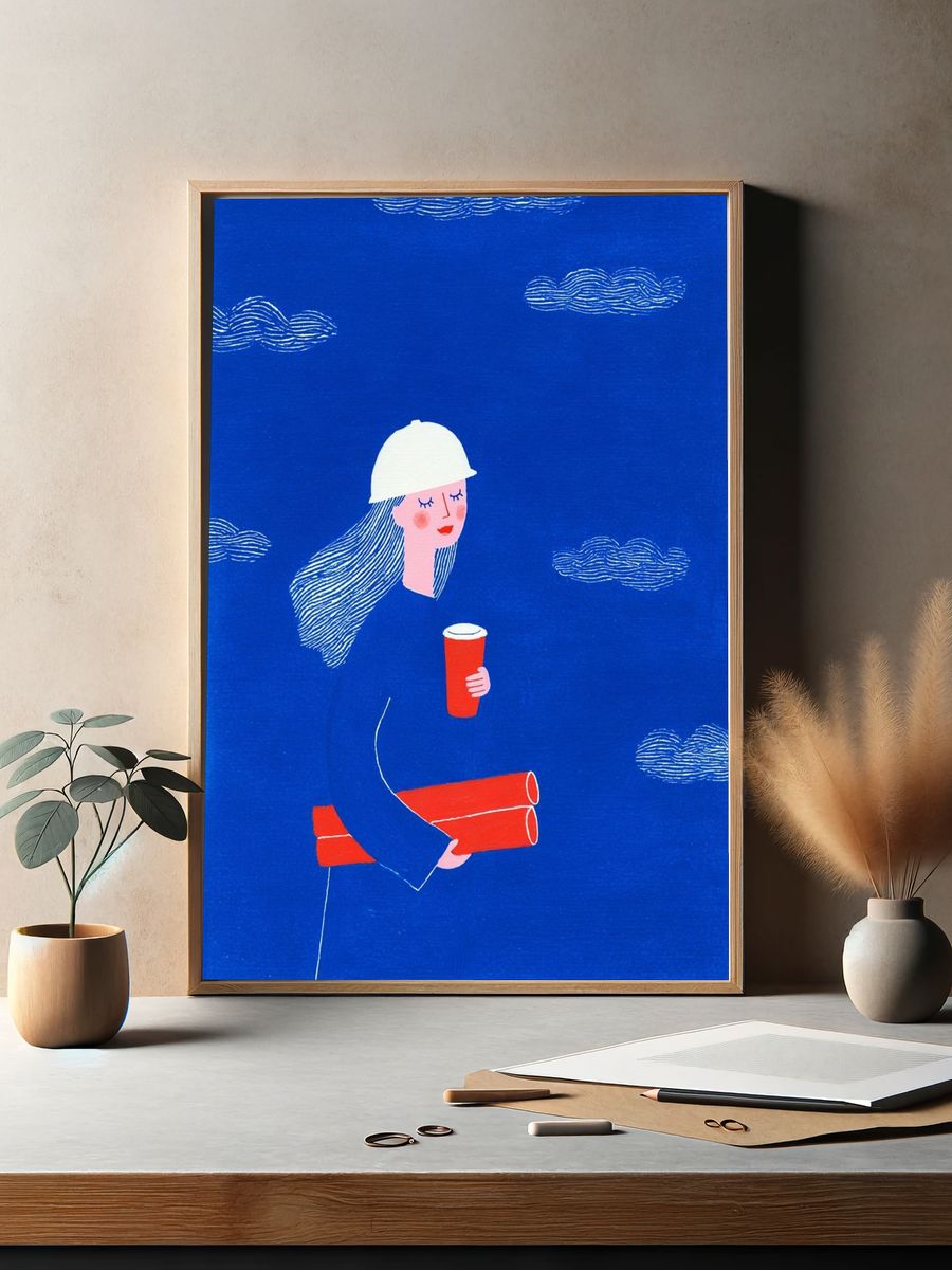 Blue Worker Illustration Poster. — room view 2