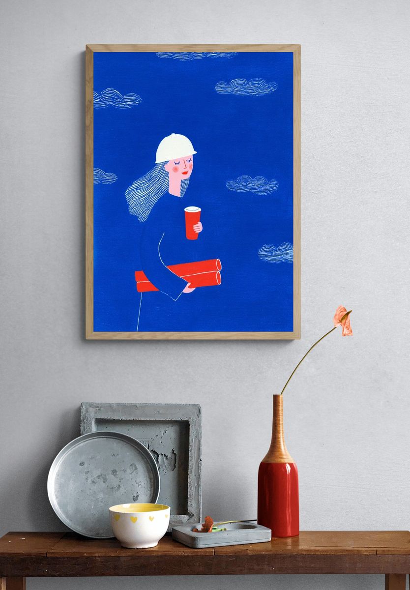 Blue Worker Illustration Poster. — room view 3