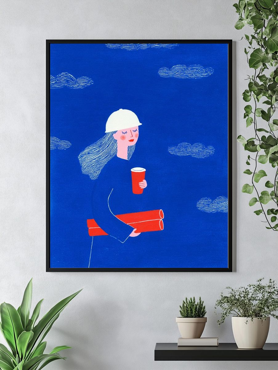 Blue Worker Illustration Poster. — room view 4